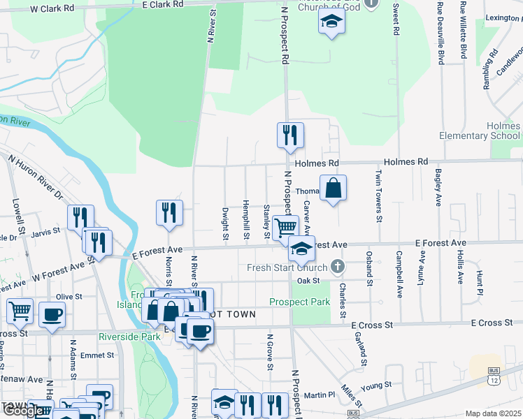 map of restaurants, bars, coffee shops, grocery stores, and more near 804 Stanley Street in Ypsilanti