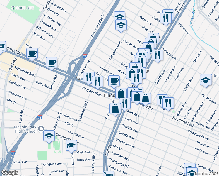 map of restaurants, bars, coffee shops, grocery stores, and more near 1406 Southfield Road in Lincoln Park