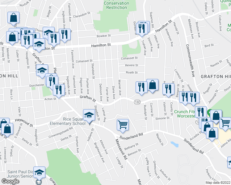 map of restaurants, bars, coffee shops, grocery stores, and more near 193 Dana Avenue in Worcester