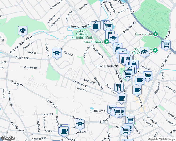 map of restaurants, bars, coffee shops, grocery stores, and more near 109 Monroe Road in Quincy