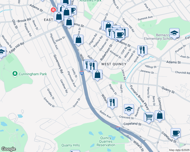 map of restaurants, bars, coffee shops, grocery stores, and more near 134 Robertson Street in Quincy