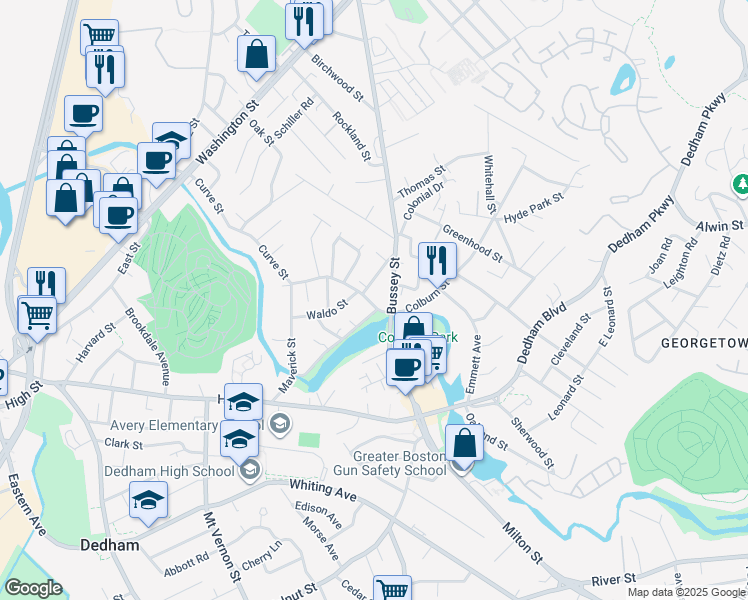 map of restaurants, bars, coffee shops, grocery stores, and more near 43 Curve Street in Dedham