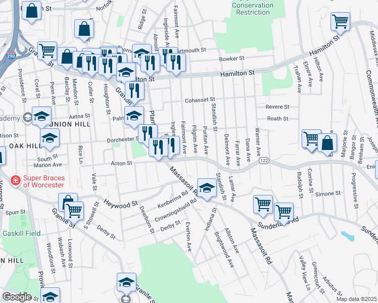 map of restaurants, bars, coffee shops, grocery stores, and more near 226 Fairmont Avenue in Worcester