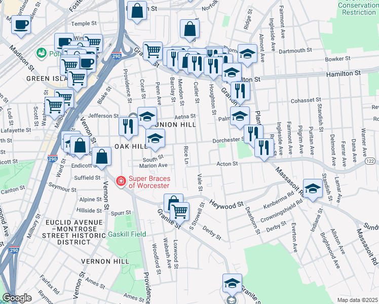 map of restaurants, bars, coffee shops, grocery stores, and more near 127 Dorchester Street in Worcester
