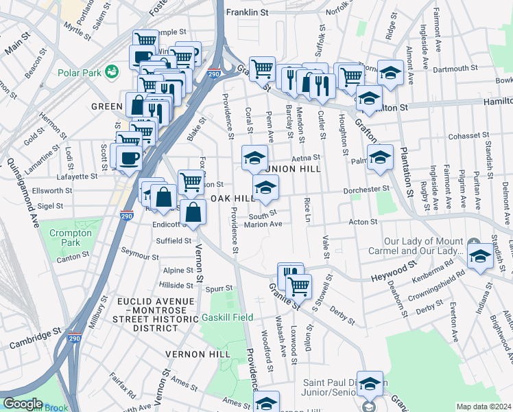 map of restaurants, bars, coffee shops, grocery stores, and more near 82 Dorchester Street in Worcester