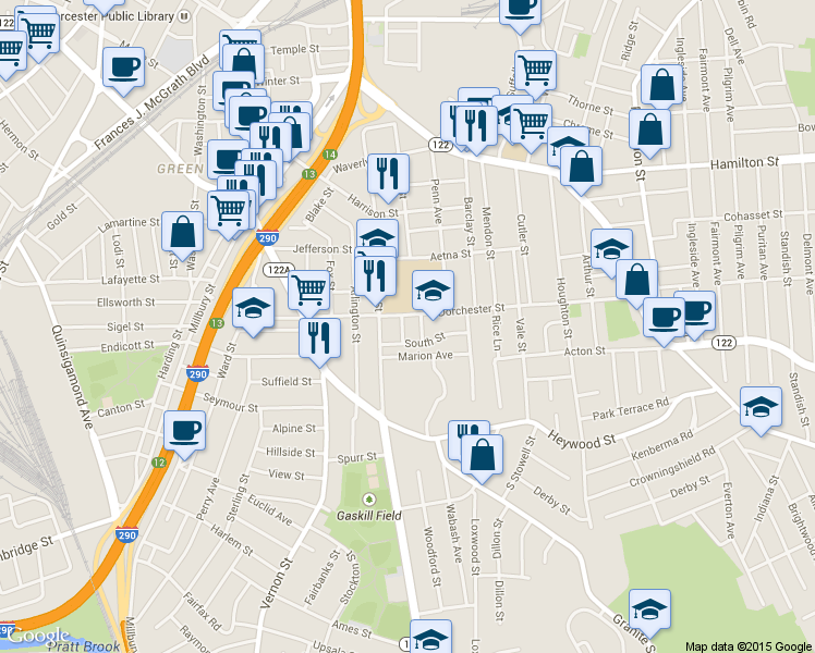 map of restaurants, bars, coffee shops, grocery stores, and more near 82 Dorchester Street in Worcester