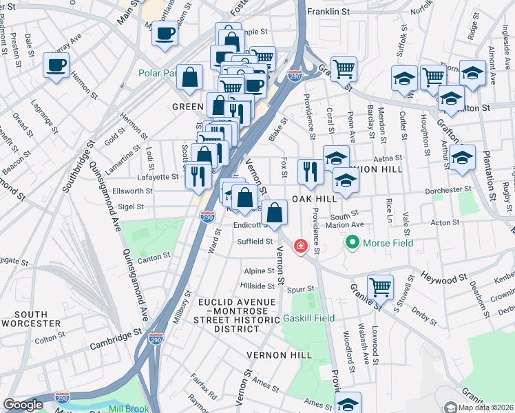 map of restaurants, bars, coffee shops, grocery stores, and more near 42 Vernon Street in Worcester