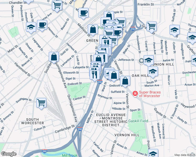 map of restaurants, bars, coffee shops, grocery stores, and more near 117 Millbury Street in Worcester