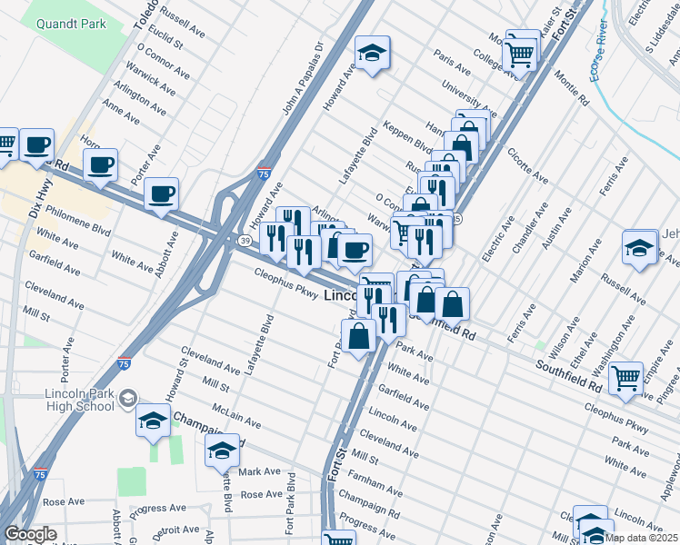 map of restaurants, bars, coffee shops, grocery stores, and more near 1413 Anne Avenue in Lincoln Park