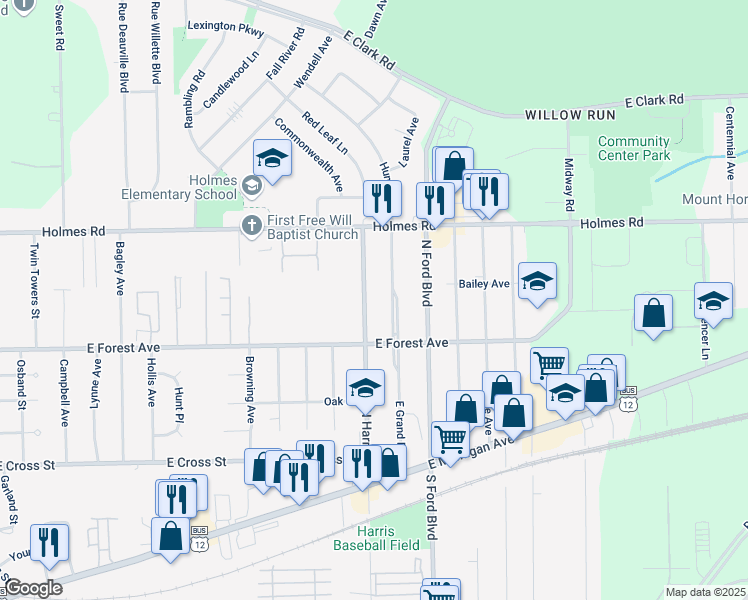 map of restaurants, bars, coffee shops, grocery stores, and more near 800 North Harris Road in Ypsilanti