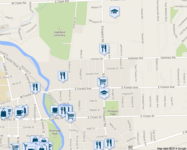 map of restaurants, bars, coffee shops, grocery stores, and more near 804 Stanley Street in Ypsilanti