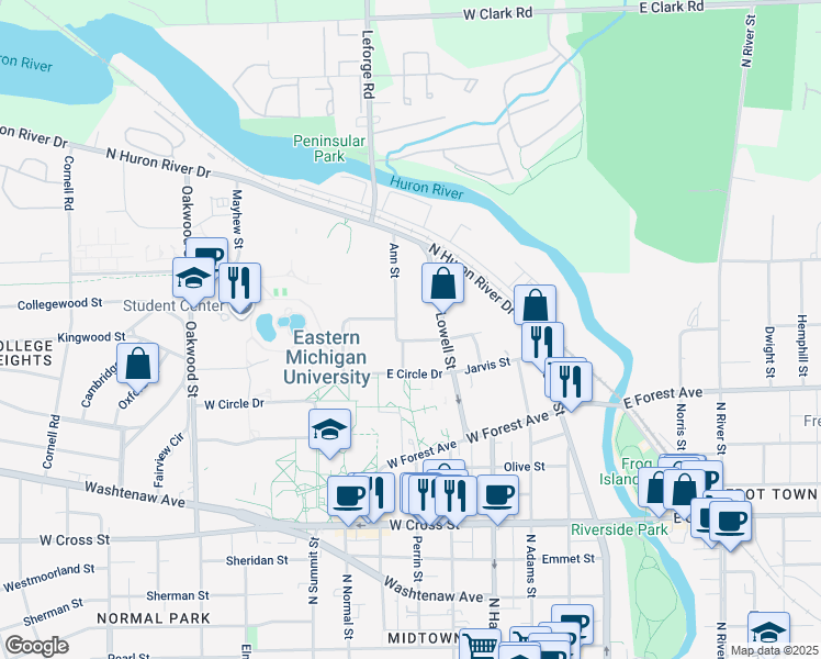 map of restaurants, bars, coffee shops, grocery stores, and more near 504 Saint Johns Street in Ypsilanti