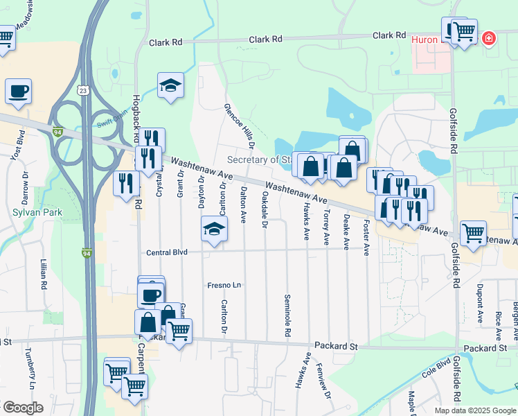 map of restaurants, bars, coffee shops, grocery stores, and more near 4380 Washtenaw Avenue in Ann Arbor