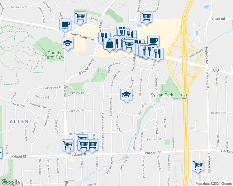 map of restaurants, bars, coffee shops, grocery stores, and more near 2411 Pittsfield Boulevard in Ann Arbor