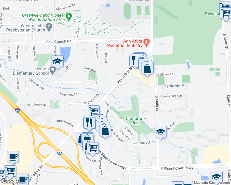 map of restaurants, bars, coffee shops, grocery stores, and more near 2295 Chaucer Drive in Ann Arbor