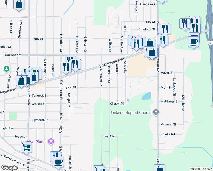 map of restaurants, bars, coffee shops, grocery stores, and more near 219 Henrietta Street in Jackson