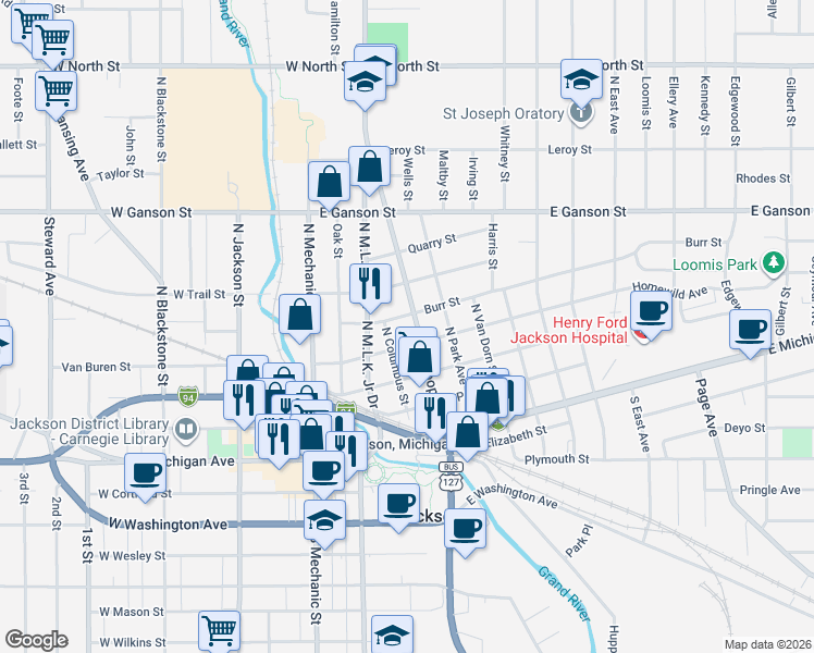 map of restaurants, bars, coffee shops, grocery stores, and more near 551 Cooper Street in Jackson