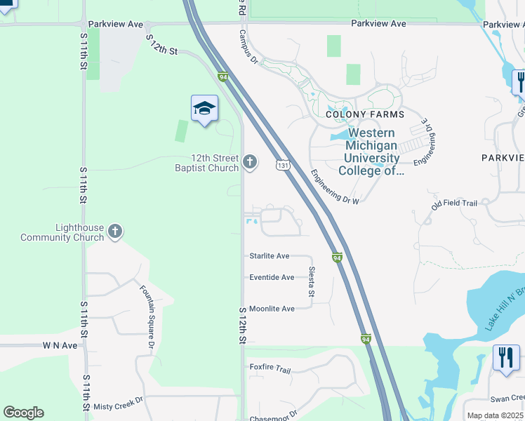map of restaurants, bars, coffee shops, grocery stores, and more near Horton Drive in Kalamazoo