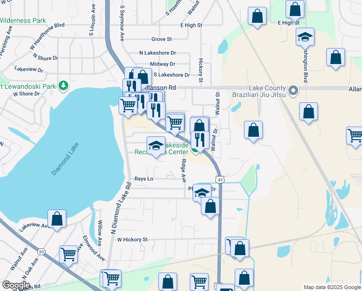 map of restaurants, bars, coffee shops, grocery stores, and more near in Mundelein