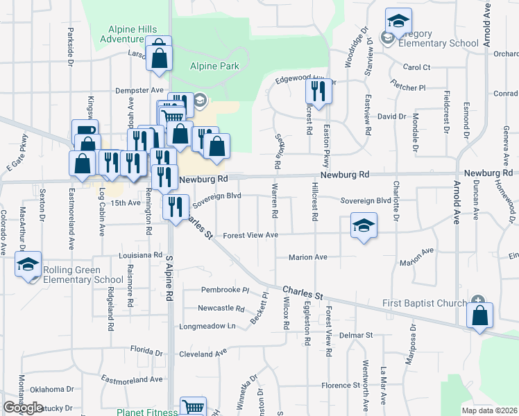 map of restaurants, bars, coffee shops, grocery stores, and more near in Rockford