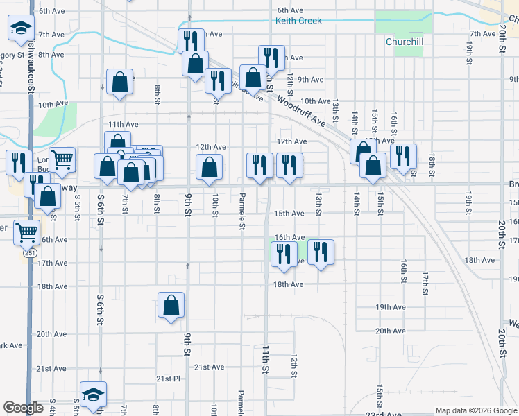 map of restaurants, bars, coffee shops, grocery stores, and more near 1515 Broadway in Rockford
