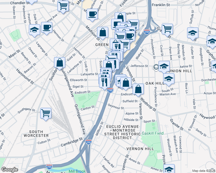 map of restaurants, bars, coffee shops, grocery stores, and more near 155 Millbury Street in Worcester