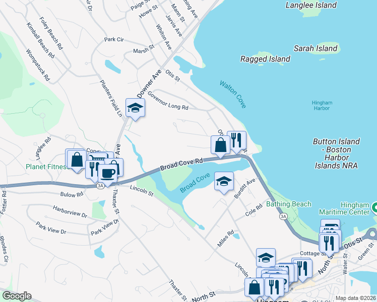 map of restaurants, bars, coffee shops, grocery stores, and more near 39 Simmons Road in Hingham