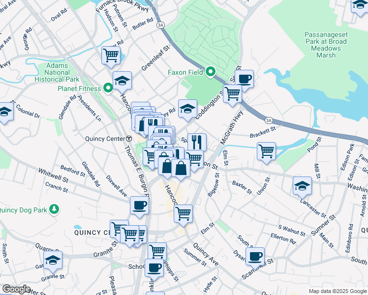 map of restaurants, bars, coffee shops, grocery stores, and more near 40 Washington Street in Quincy