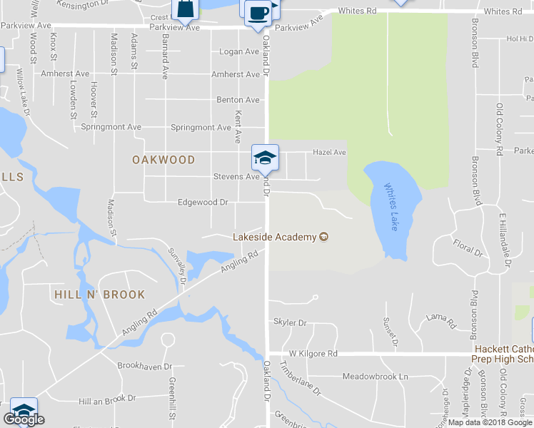 map of restaurants, bars, coffee shops, grocery stores, and more near 4024 Oakland Dr in Kalamazoo Township