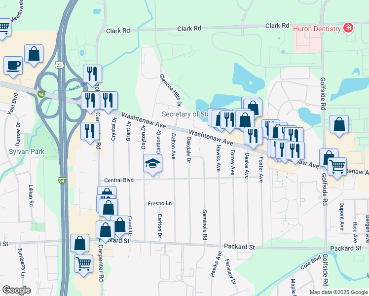 map of restaurants, bars, coffee shops, grocery stores, and more near 4380 Washtenaw Avenue in Ann Arbor