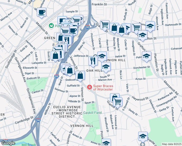 map of restaurants, bars, coffee shops, grocery stores, and more near 88 Providence Street in Worcester