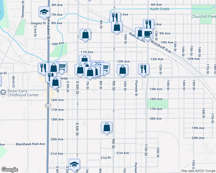 map of restaurants, bars, coffee shops, grocery stores, and more near 1515 9th Street in Rockford
