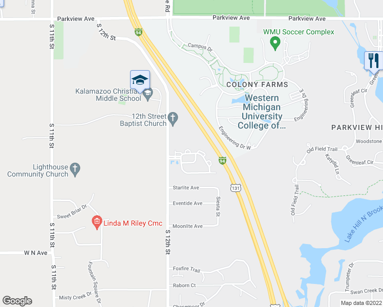 map of restaurants, bars, coffee shops, grocery stores, and more near Horton Drive in Kalamazoo