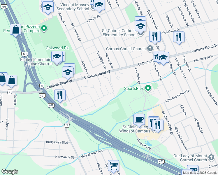 map of restaurants, bars, coffee shops, grocery stores, and more near 3855 Southwinds Drive in Windsor