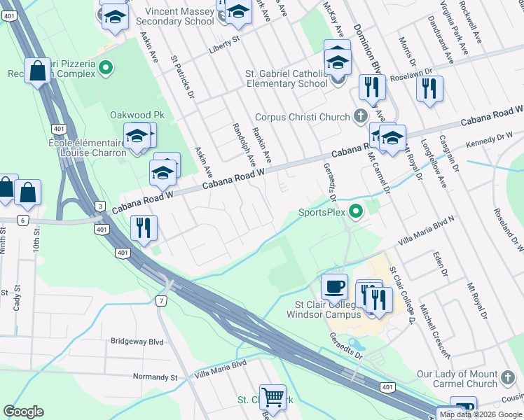 map of restaurants, bars, coffee shops, grocery stores, and more near 3855 Southwinds Drive in Windsor
