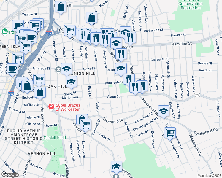 map of restaurants, bars, coffee shops, grocery stores, and more near 144 Dorchester Street in Worcester