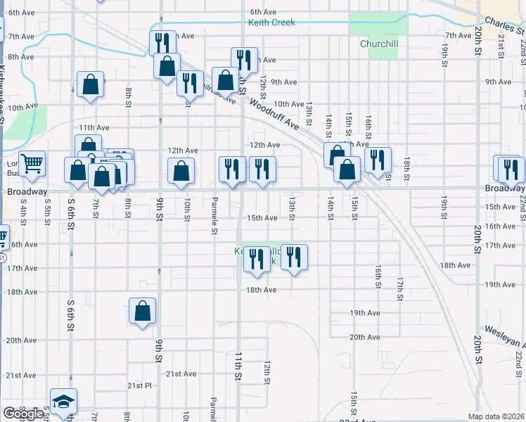 map of restaurants, bars, coffee shops, grocery stores, and more near 1512 12th Street in Rockford
