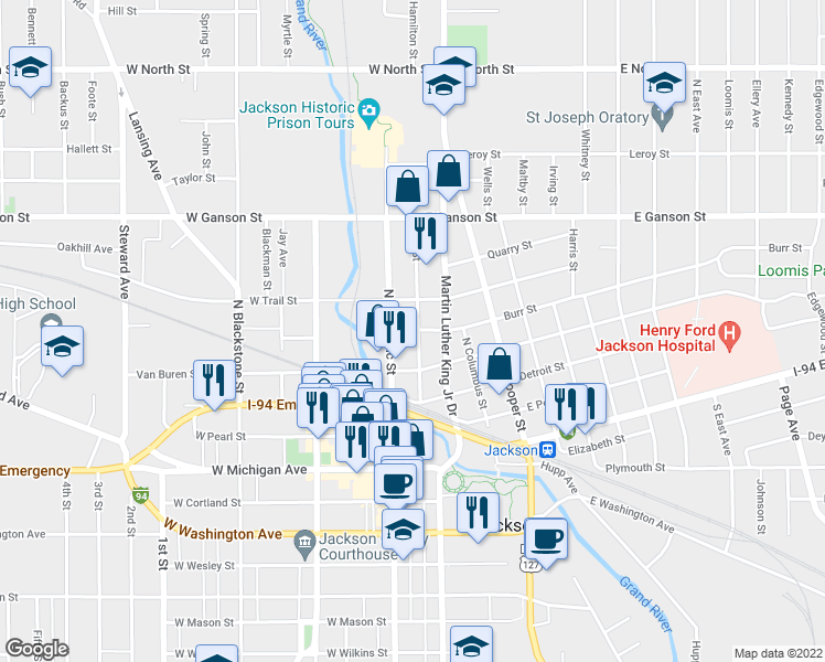map of restaurants, bars, coffee shops, grocery stores, and more near 426 Oak Street in Jackson