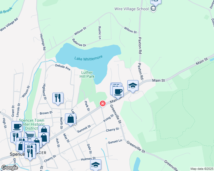 map of restaurants, bars, coffee shops, grocery stores, and more near 19 Roys Drive in Spencer