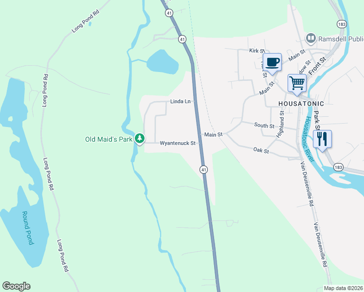 map of restaurants, bars, coffee shops, grocery stores, and more near 12 Wyantenuck Street in Great Barrington