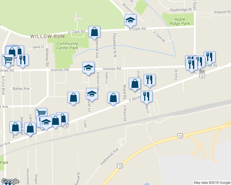 map of restaurants, bars, coffee shops, grocery stores, and more near 65 Wiard Road in Ypsilanti