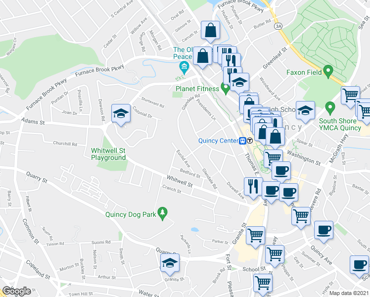 map of restaurants, bars, coffee shops, grocery stores, and more near 69 Glendale Road in Quincy