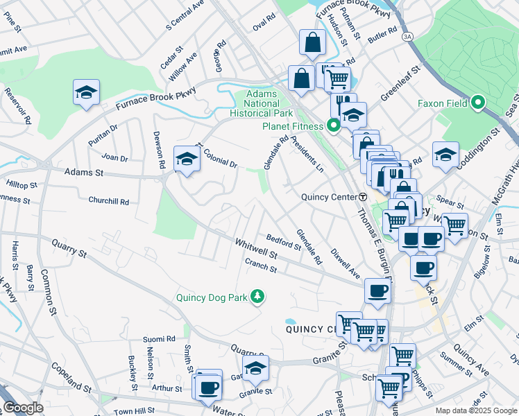 map of restaurants, bars, coffee shops, grocery stores, and more near 69 Glendale Road in Quincy