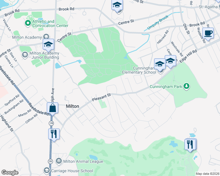 map of restaurants, bars, coffee shops, grocery stores, and more near 32 Badger Circle in Milton