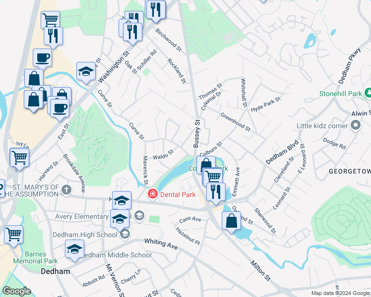 map of restaurants, bars, coffee shops, grocery stores, and more near 43 Curve Street in Dedham