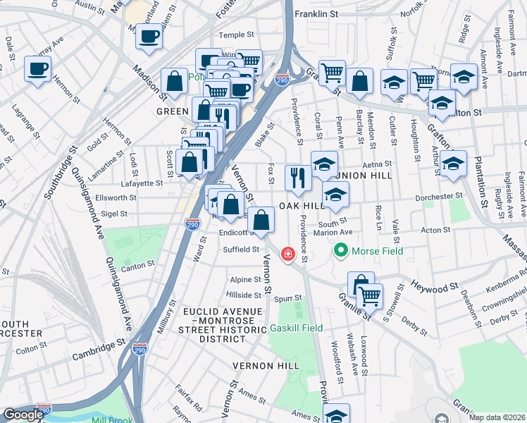 map of restaurants, bars, coffee shops, grocery stores, and more near 47 Dorchester Street in Worcester