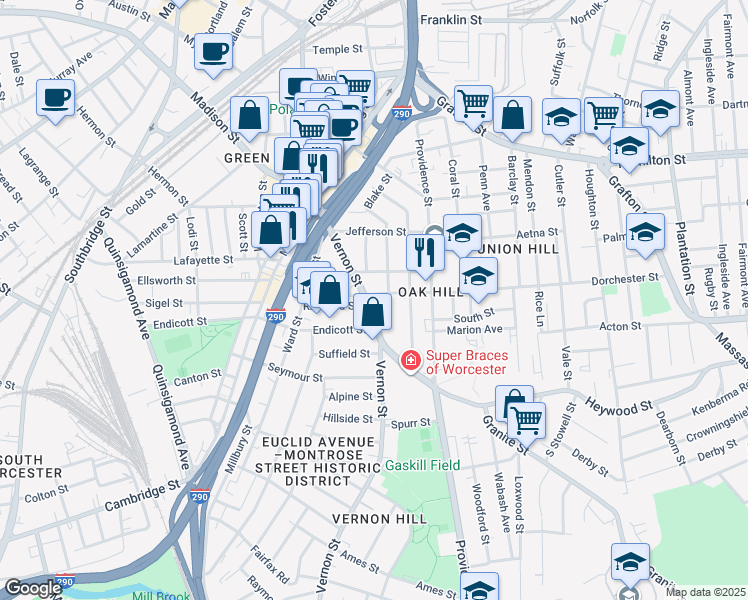 map of restaurants, bars, coffee shops, grocery stores, and more near 47 Dorchester Street in Worcester