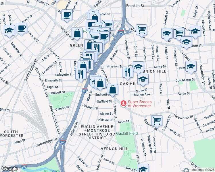 map of restaurants, bars, coffee shops, grocery stores, and more near 42 Vernon Street in Worcester