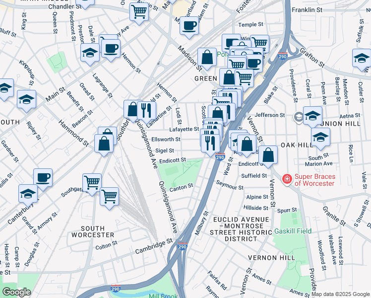map of restaurants, bars, coffee shops, grocery stores, and more near 31 Ellsworth Street in Worcester