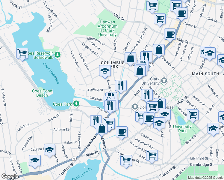 map of restaurants, bars, coffee shops, grocery stores, and more near 76 Lovell Street in Worcester